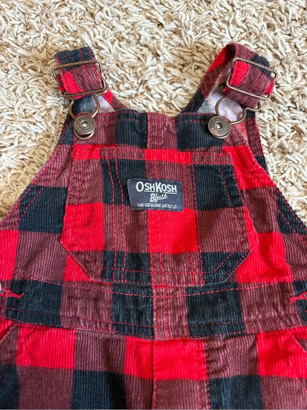 OshKosh B'gosh Red & Black Buffalo Plaid Corduroy Overalls Kids size 9 months